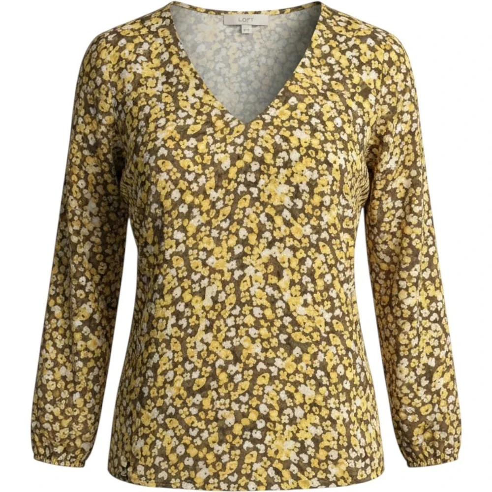 LOFT Womens Yellow Olive Green Floral V-Neck Puff Sleeve Blouse Top M